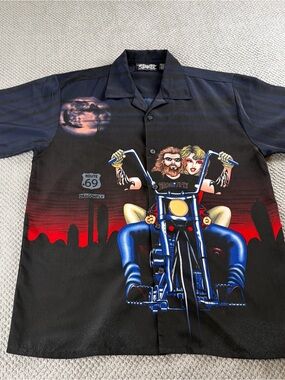 Black & Red Biker Graphic Camp Shirt - Motorbike Print